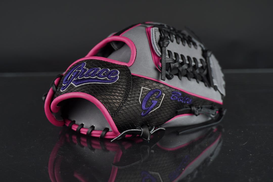 11.50" Custom Grace Glove - Right Hand Throw - Black Snake Skin, Gray, Pink, Purple