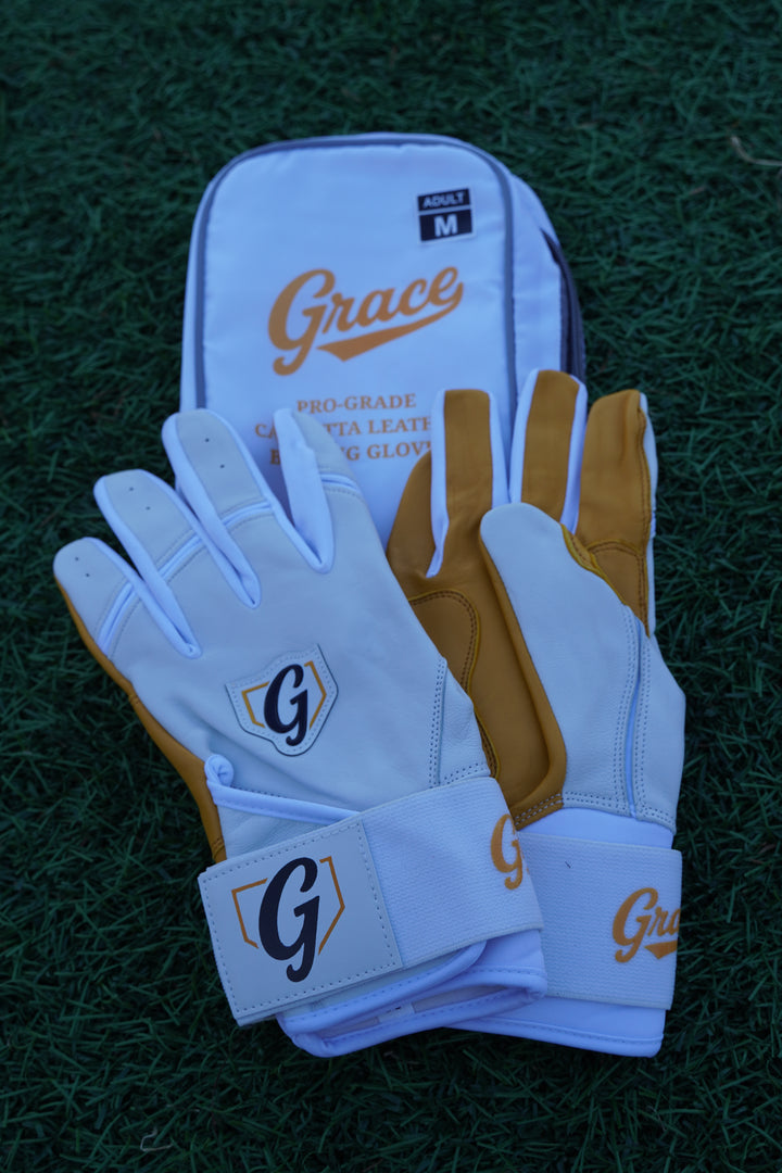 Grace Pro Long Cuff Batting Gloves | Premium Cabretta Leather | White, Gold - Grace Glove Company