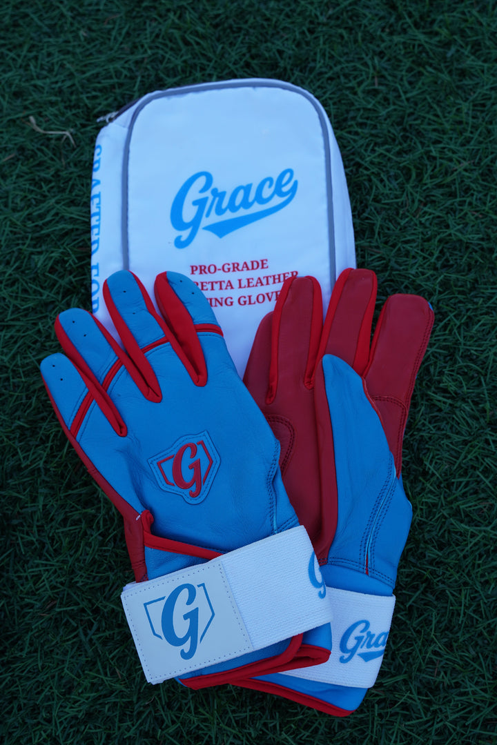 Grace Pro Long Cuff Batting Gloves | Premium Cabretta Leather | Red, Blue, White - Grace Glove Company