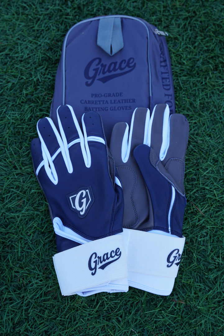 Grace Pro Long Cuff Batting Gloves | Premium Cabretta Leather | White, Navy - Grace Glove Company