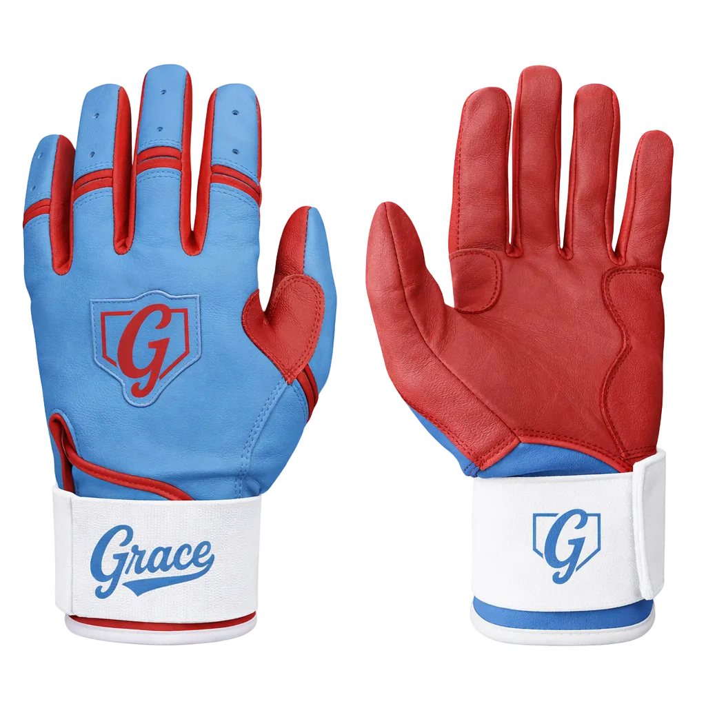 Grace Pro Long Cuff Batting Gloves | Premium Cabretta Leather | Red, Blue, White - Grace Glove Company