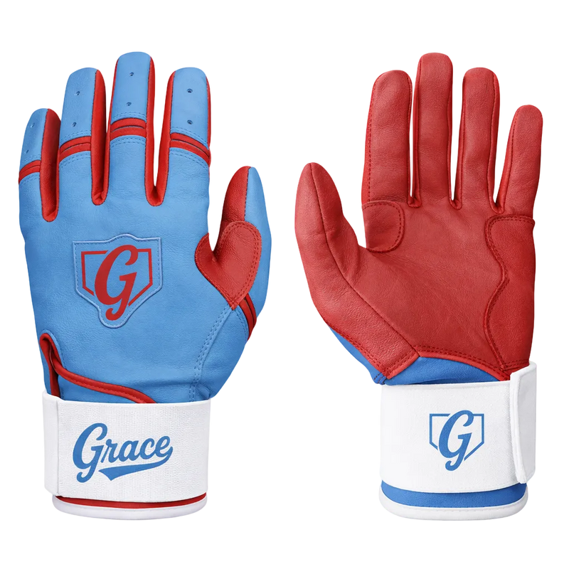 Grace Pro Long Cuff Batting Gloves | Premium Cabretta Leather | Red, Blue, White - Grace Glove Company
