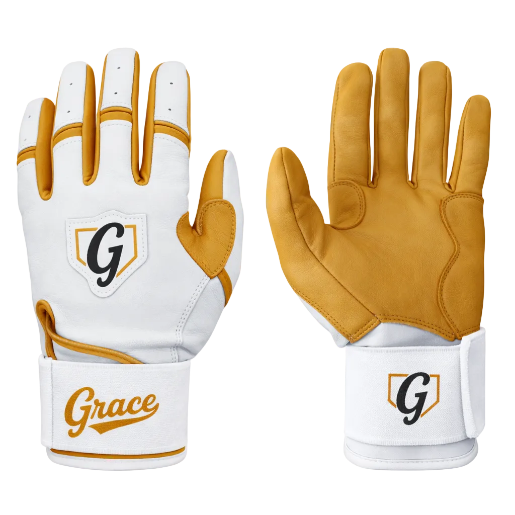 Grace Pro Long Cuff Batting Gloves | Premium Cabretta Leather | White, Gold - Grace Glove Company