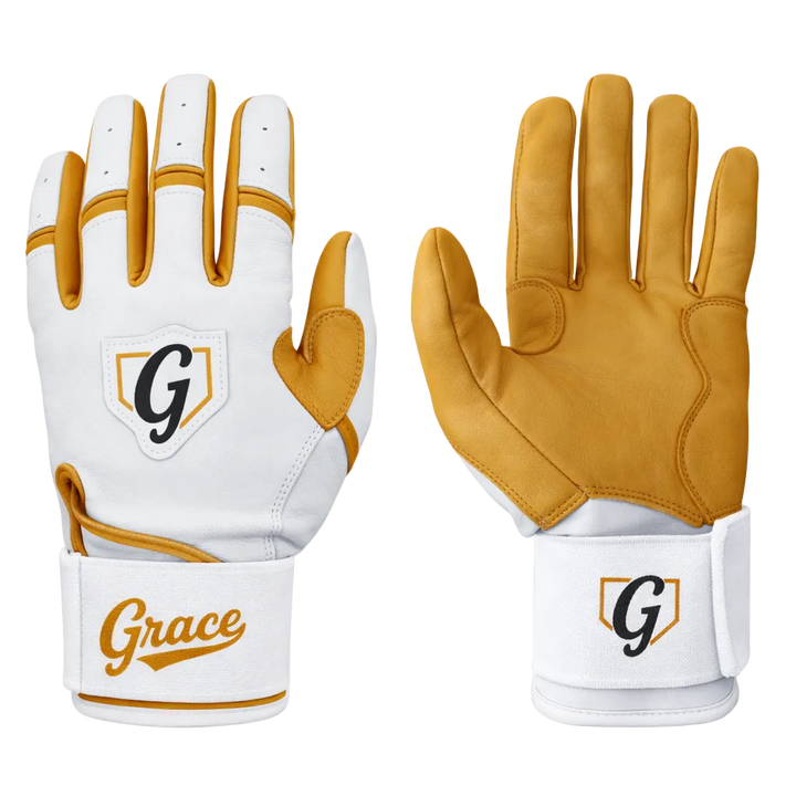 Grace Pro Long Cuff Batting Gloves | Premium Cabretta Leather | White, Gold - Grace Glove Company