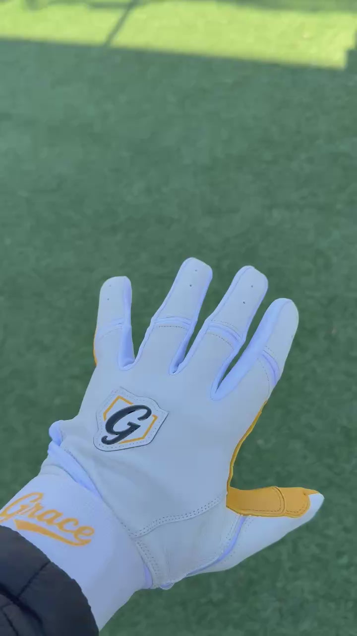 Grace Pro Long Cuff Batting Gloves | Premium Cabretta Leather | White, Gold